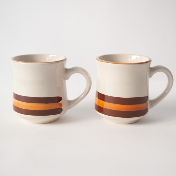 ▫️Vtg 70s Stoneware Striped Cream and Brown Mugs - Picture 2 of 8